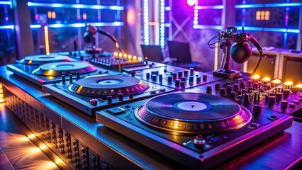 Professional dj turntables and mixing console standing ready for the party in a nightclub