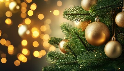 Obraz premium Weihnachtsbaum mit funkelnden goldenen Kugeln und weihnachtlichem Flair