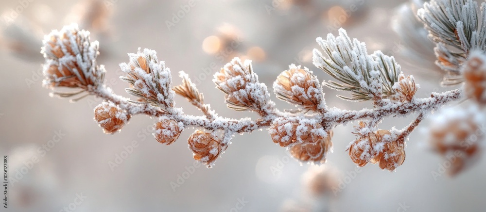 Poster close-up of a frosted pine branch with delicate cones covered in snow.