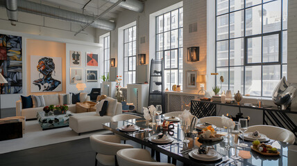 A chic loft in a vibrant urban setting, showcasing a curated collection of contemporary art.