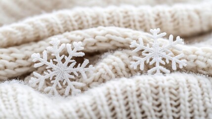 Delicate snowflakes on a woolen scarf, soft textures in winter cold
