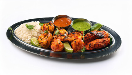 Aromatic Tandoori feast! Succulent chicken tikka, prawns, and fish tikka, served with fluffy rice and vibrant chutneys. A culinary journey awaits!