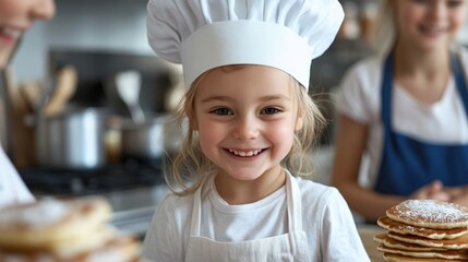 Fröhlicher Kinderkoch wendet Pfannkuchen in einer frühlingshaften Küchenumgebung für kulinarische Projekte