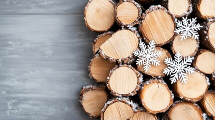 Delicate snowflakes resting on a pile of firewood, rustic winter charm