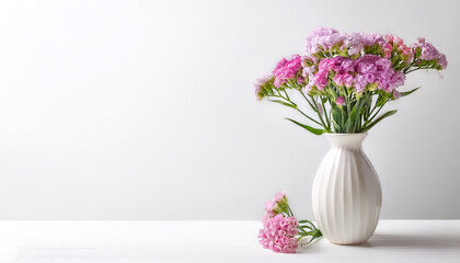 Fototapeta premium A delicate display of pink limonium sinuatum, statice, flowers in a simple white vase on side position provides copy space for text. background concept isolated white