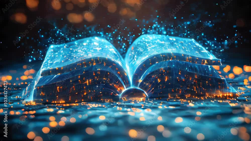 Poster a digital book with glowing blue particles symbolizing knowledge and technology. perfect for e-learn