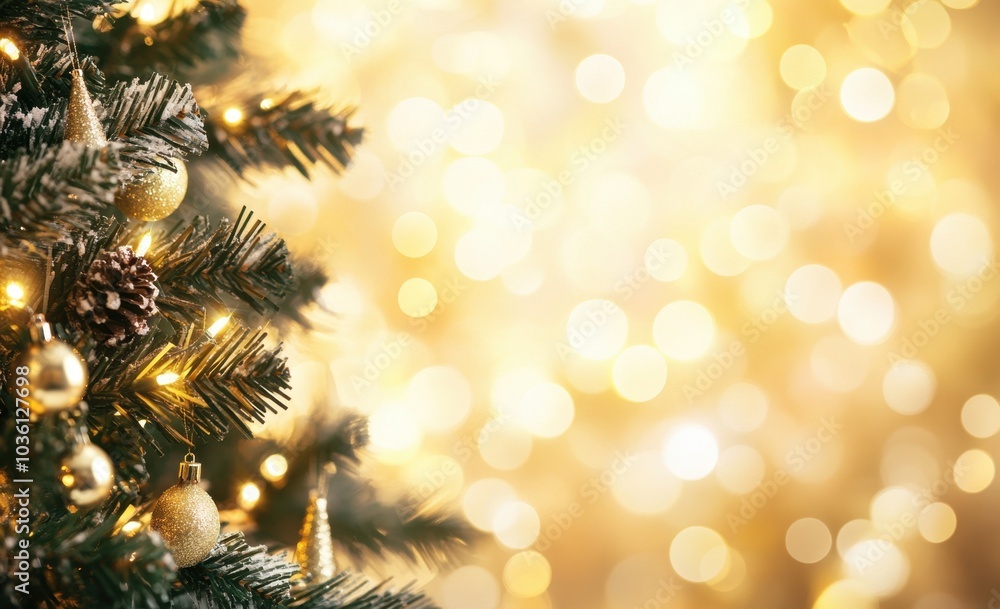 Poster blurred background of a luxurious party with a christmas tree and golden bokeh lights abstract blurr
