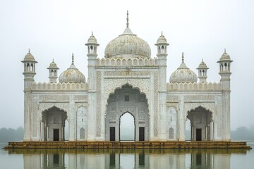 Naklejka premium A white marble mosque stands on a lake, with multiple arches and domes.