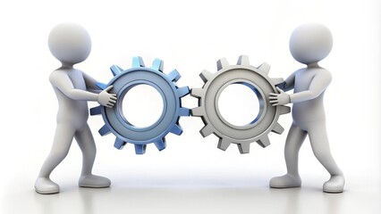 Two businessmen are connecting metal gears in a concept of teamwork and partnership