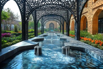 Fototapeta premium A serene water feature with intricate latticework creates a peaceful walkway in a modern garden.