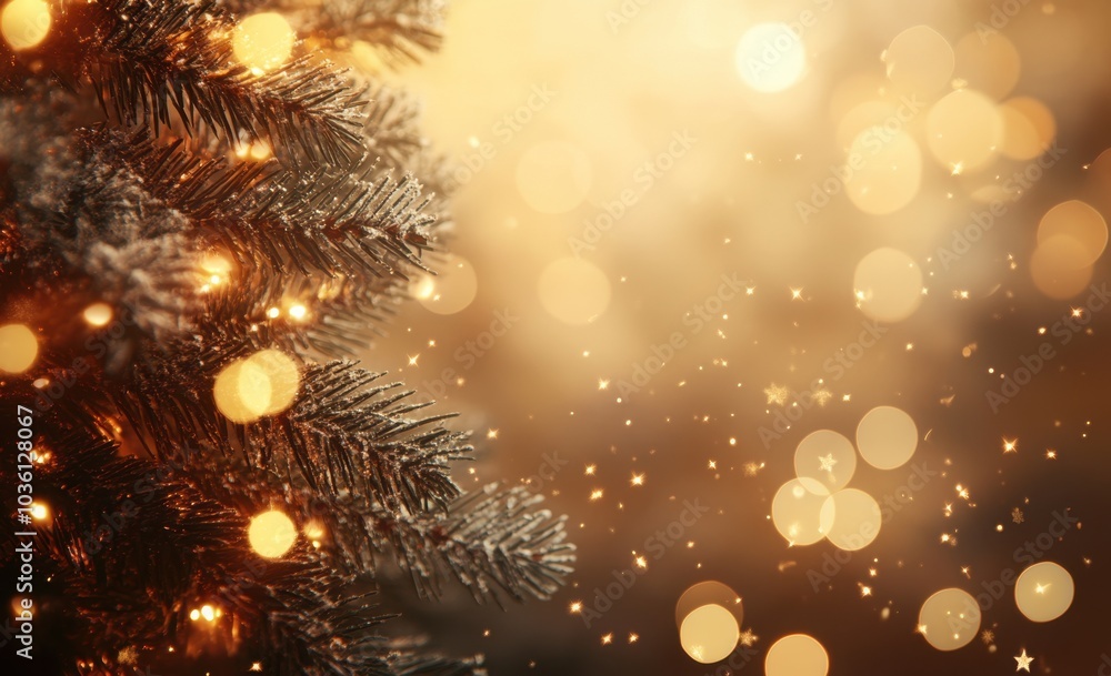 Poster blurred festive background with a christmas tree and golden lights, creating an elegant atmosphere f