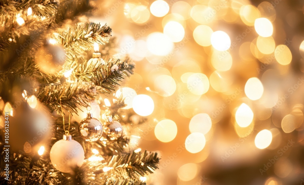 Poster blurred background of an elegant christmas tree decorated with lights in the foreground, creating sp