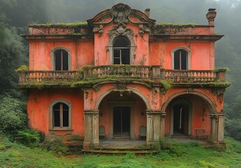 A faded pink mansion sits abandoned in a lush, green forest.
