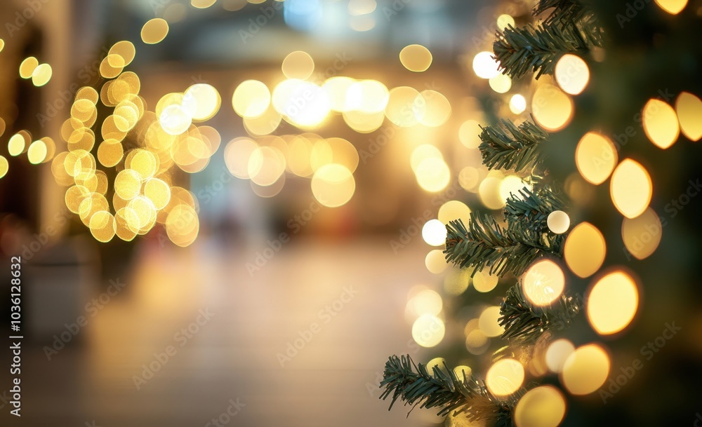 Poster blurred background of a luxurious party with a christmas tree and golden bokeh lights abstract blurr