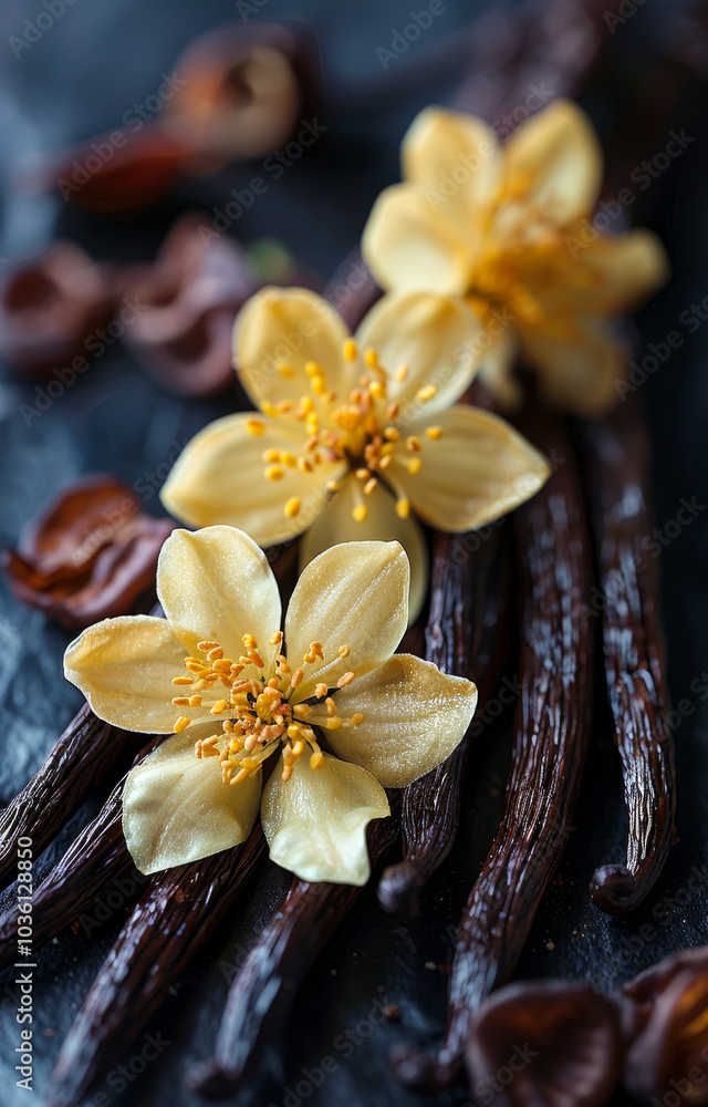 Poster vanilla pods with delicate flowers. three soft yellow flowers are arranged with vanilla pods and sca