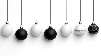 Decorative black and white Christmas ornaments hang gracefully from above, enhancing a minimalist aesthetic on a pristine white background