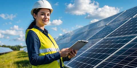 A woman engineer wearing a hard hat and safety vest stands by expansive rows of solar panels, holding a clipboard.