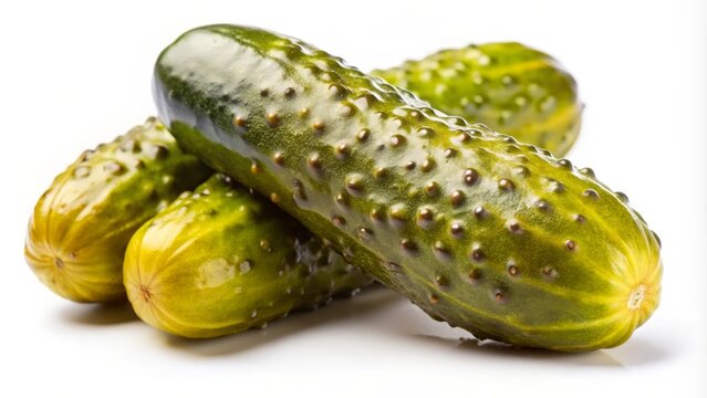 Showing three whole green gherkins lying on a white background