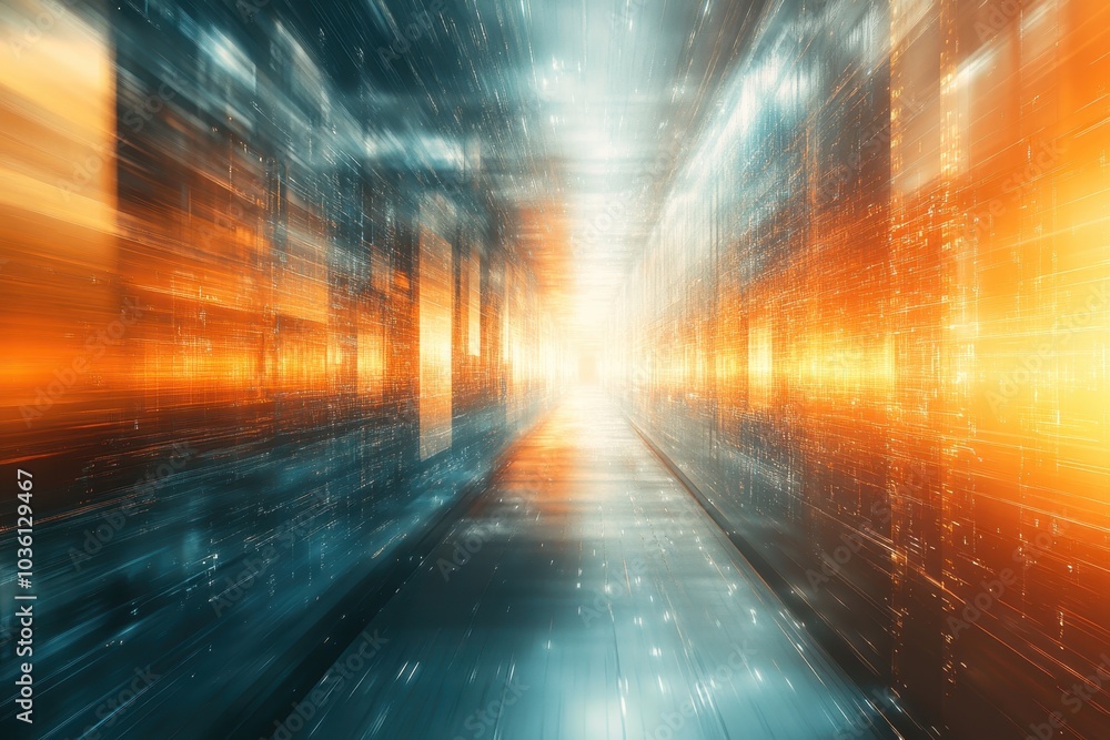 Poster dynamic corridor illuminated by bright light and abstract patterns, creating a futuristic atmosphere