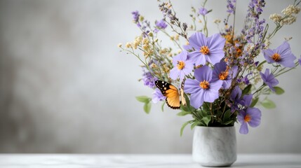 Fototapeta premium Frühlingsblumenarrangement mit Lavendel und Schmetterling für eine von der Natur inspirierte Dekoration