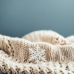 Fototapeta premium Snowflakes gently resting on a wool sweater, warm textures in cold air