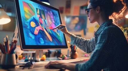 A digital artist creating digital paintings on a high-resolution touchscreen monitor, Modern lifestyle scene, Artistic style