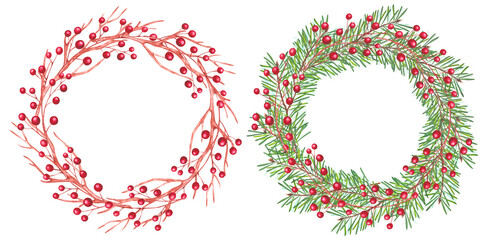 Set of Christmas watercolor hand-drawn wreath illustrations. Christmas wreaths made of watercolor branches of different winter plants. Decor for Christmas and New Year holiday decorations.