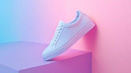 A stylish white sneaker displayed against a gradient background for promotional purposes.