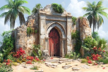 Ancient Ruins with Red Doors in a Tropical Jungle