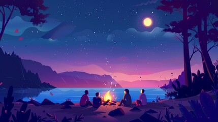 Fototapeta premium Illustration of Group of friends having a campfire party at night
