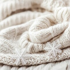 Fototapeta premium Snowflakes landing on a warm knit scarf, cozy winter textures