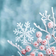 Snowflakes landing on frosted berries, winter nature still life