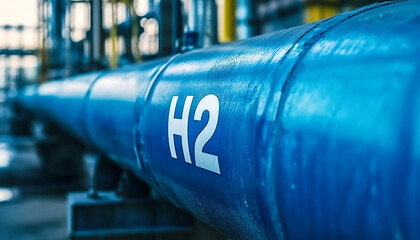 Close up of blue hydrogen gas pipelines in industrial area generated.AI