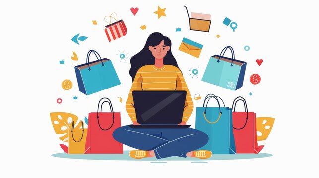 Illustration of Woman doing online shopping on her laptop