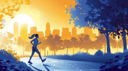 Naklejka premium Illustration of Woman jogging in a city park in the morning