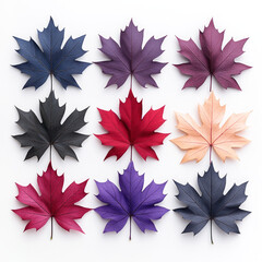 Fototapeta premium Nine colorful maple leaves arranged in a grid pattern against a white background.