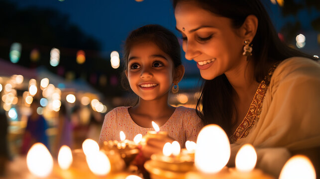 Mother and Daughter Selecting Lanterns at Festive Market Stall