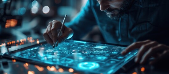 A man with a beard, working on a futuristic tablet with a glowing screen, using a stylus.