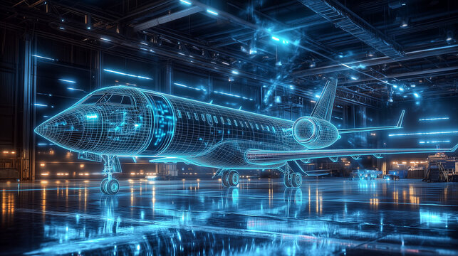 A futuristic digital wireframe of an airplane is illuminated in a high-tech hangar.
