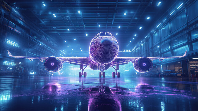 A futuristic digital wireframe of an airplane is illuminated in a high-tech hangar.