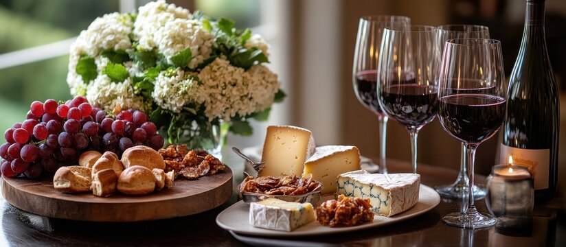 A table setting with wine glasses, cheese, grapes, bread, and flowers.