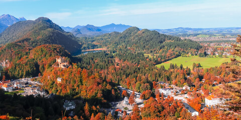 Panoramic area of Hohenschwangau Castle near Fussen, Germany in autumn time.