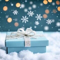 Snowflakes softly landing on a holiday gift box, festive winter scene