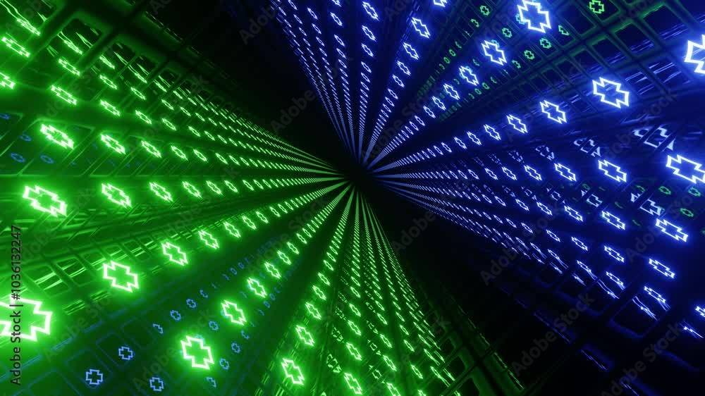 Poster hi-tech neon sci-fi tunel. neon pattern hi tech technology. trendy neon glow lines form pattern and 