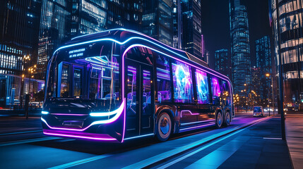 Fototapeta premium A sleek, futuristic bus illuminated with neon lights glides through a modern cityscape at night.
