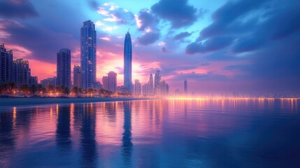 Obraz premium Cityscape at Dusk with Pink and Blue Sky Reflection