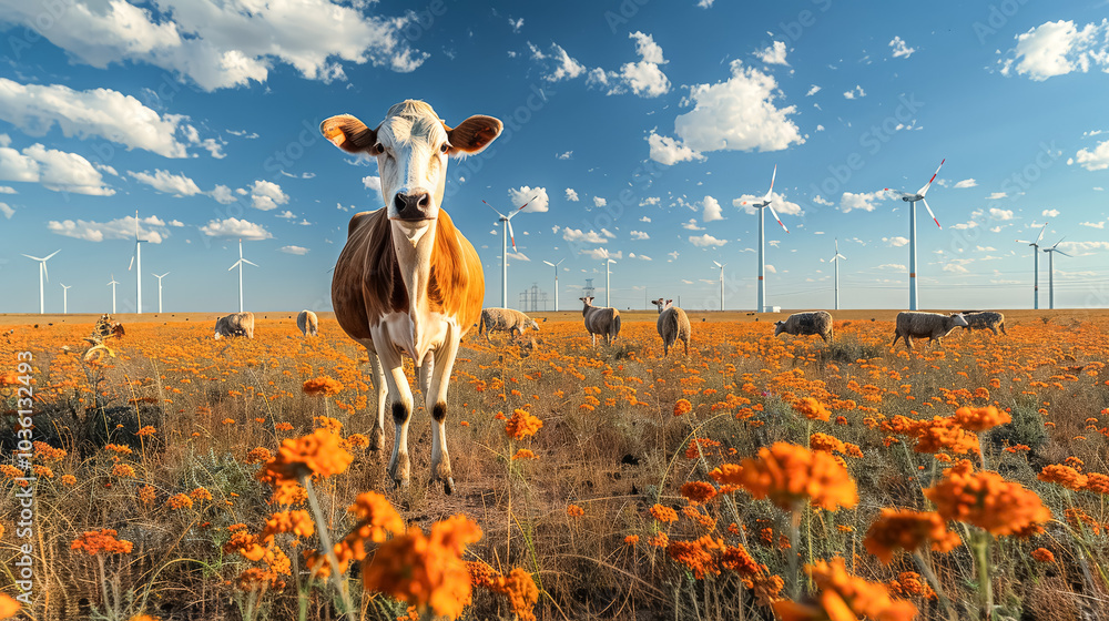 Poster cow is standing in a field next to a windmill. the cow is smiling and he is happy. the windmill is i