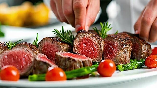 Succulent Steak Being Plated With Fresh Vegetables and Herbs at a Gourmet Restaurant on a Fine Dining Evening