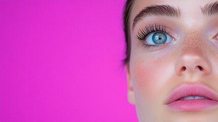 Fototapeta premium Close-up of a woman’s face, blue eyes, radiant skin, soft pink blush, pastel pink background, freckled complexion, natural beauty, minimal makeup, glowing artistic concept