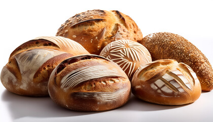 An array of freshly baked sourdough breads with distinct artisanal patterns, isolated on a white background